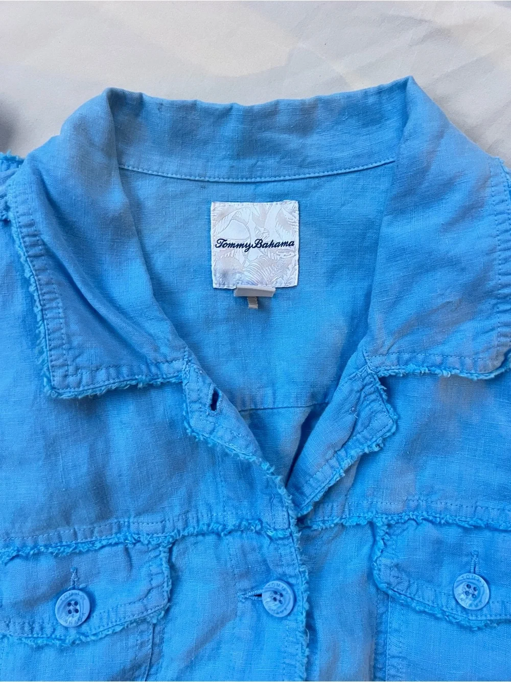 Tommy Bahama XL 100% Linen Blue Frayed Quiet Chic Coastal Jacket Casual Travel